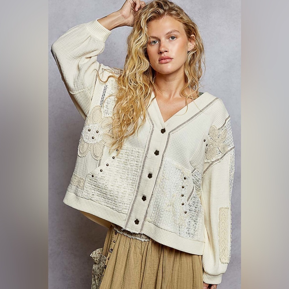 ⚡️ POL “ Cottage Charm “ Patchwork Cadigan Thermal Hoodie Cardigan | Cream - Picture 3 of 9
